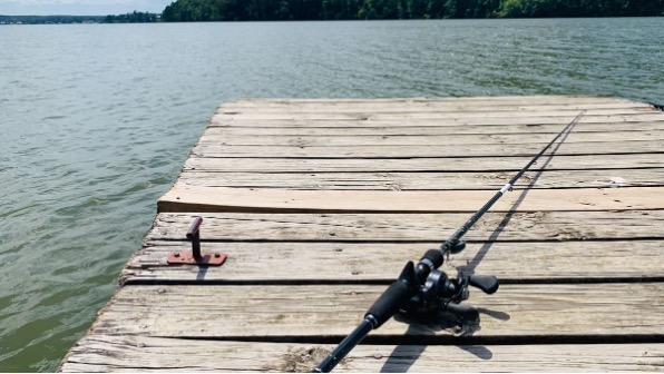 dock with fishing pole at Neely Henry Lake in Alabama