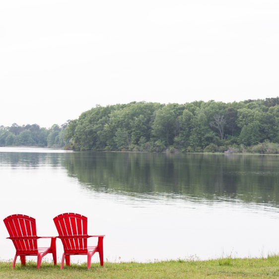 Two red chairs on grass by a lake Description automatically generated with low confidence